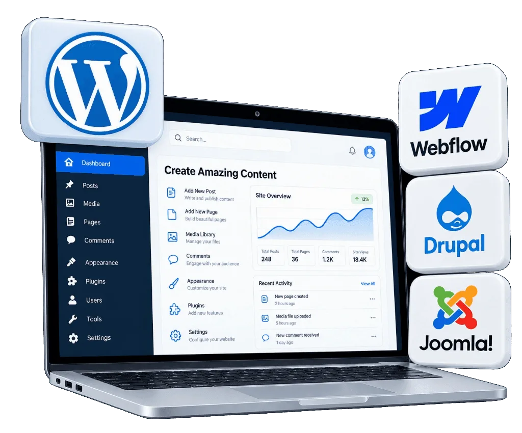 CMS Development laptop with WordPress, Webflow, Drupal, and Joomla