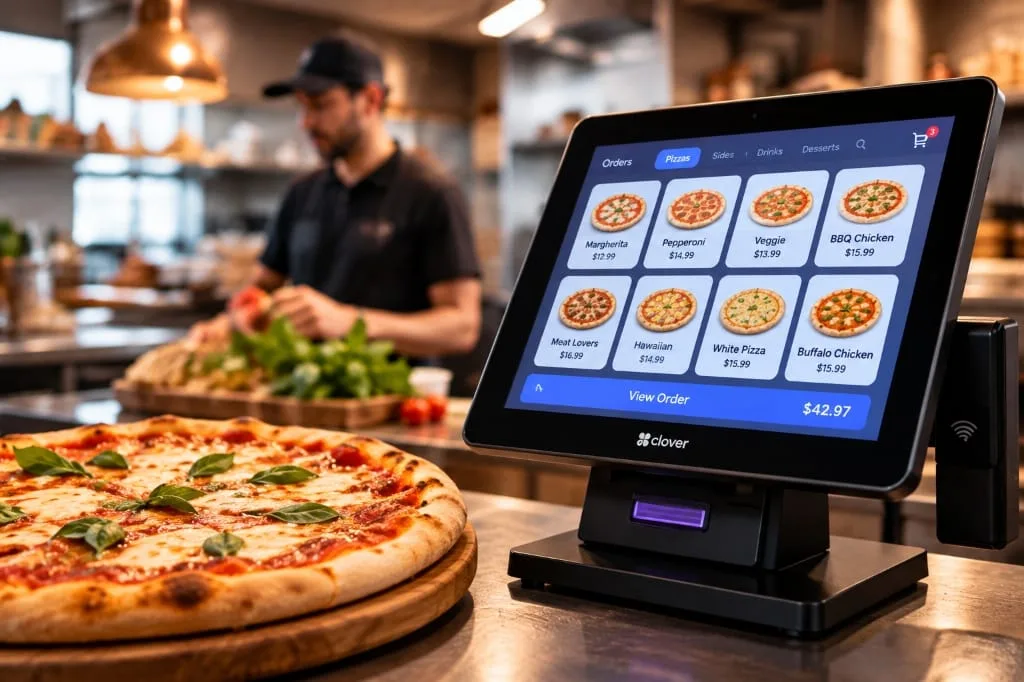 Pizza chef preparing fresh pizza with POS ordering screen