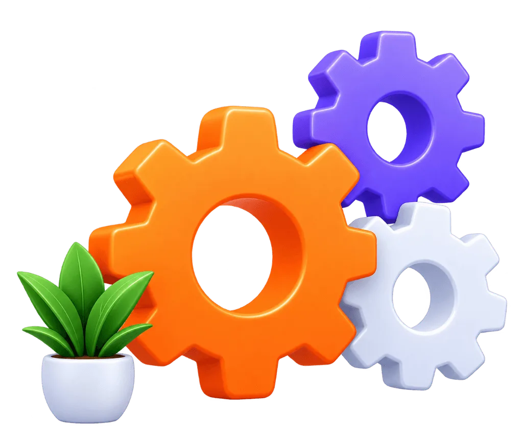 3D colorful gears with potted plants illustration for Business Process Automation