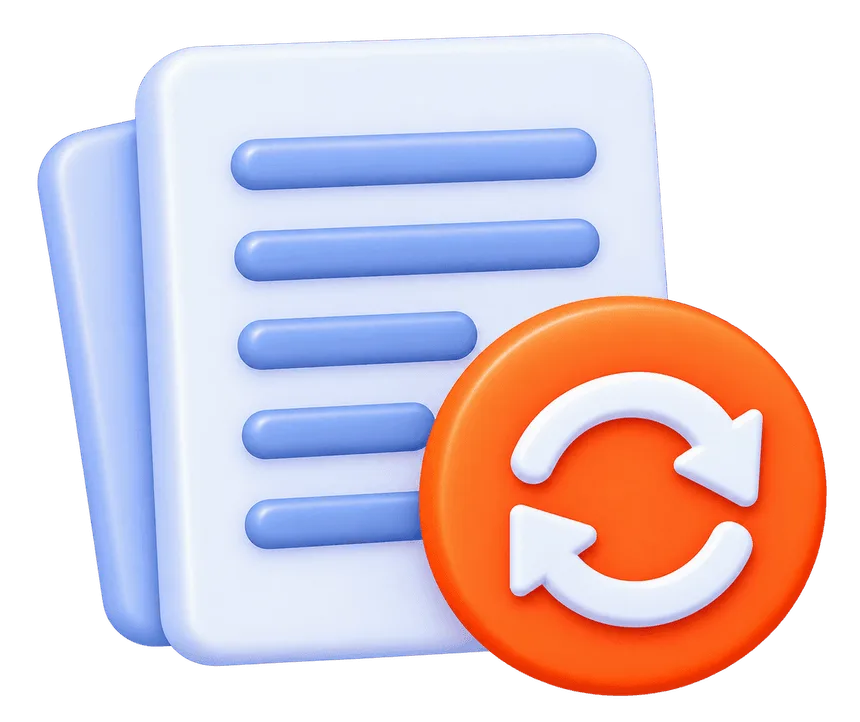Repetitive admin tasks 3D illustration with paperwork and circular sync arrows