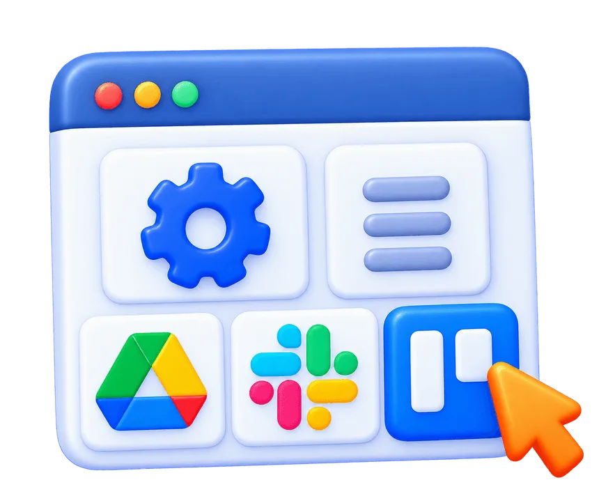 Workflow integration 3D illustration with connected tools Google Drive, Slack, Trello, and gear