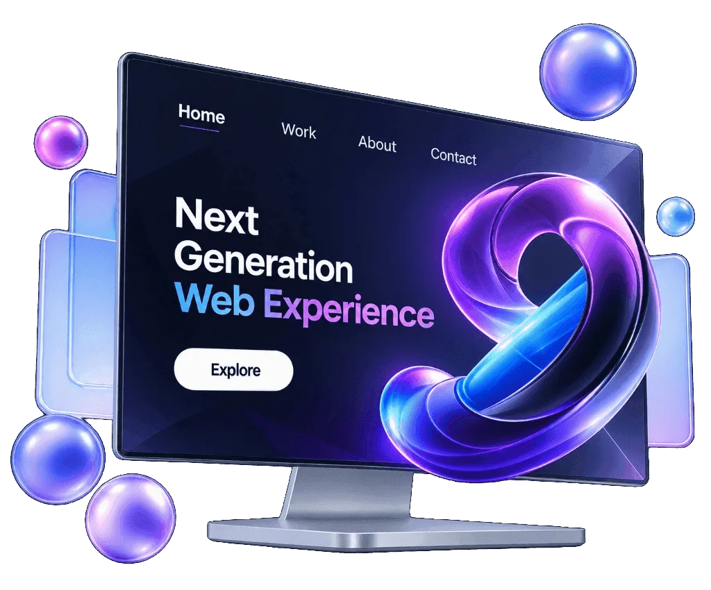 3D Animated Websites dark monitor displaying Next Generation Web Experience with 3D torus