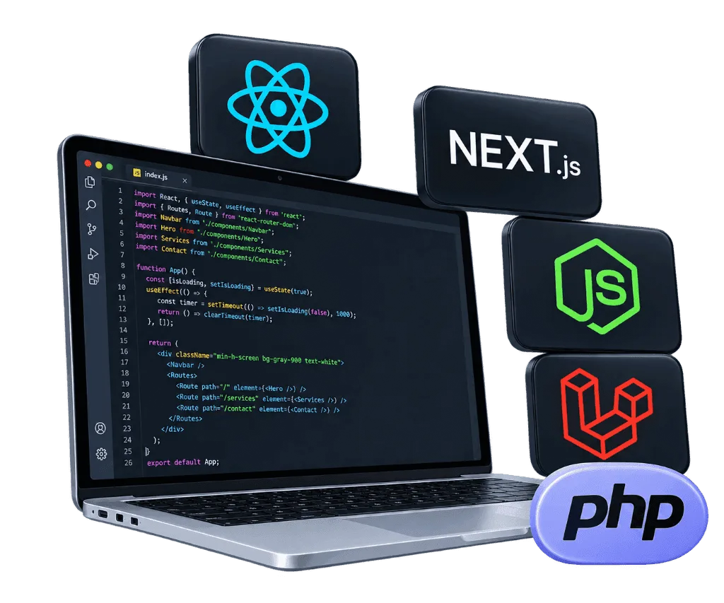 Custom-Coded Development laptop showing React code with tech badges
