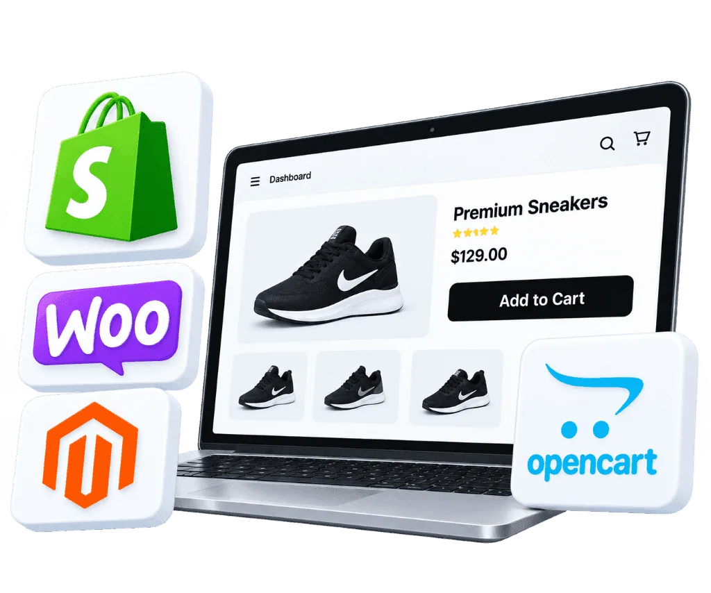 eCommerce Development laptop store with Shopify, WooCommerce, Magento, and OpenCart