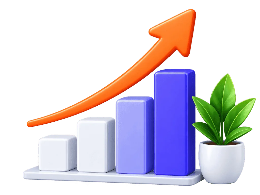 Future ready growth bar chart with upward arrow and plant