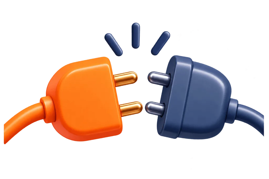 Disconnected systems with 3D orange and blue electrical plugs
