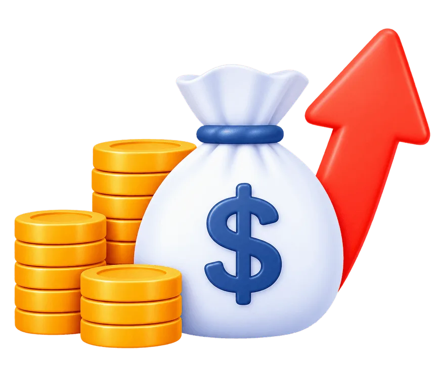 High internal overhead 3D illustration with money bag, gold coin stacks, and rising cost arrow
