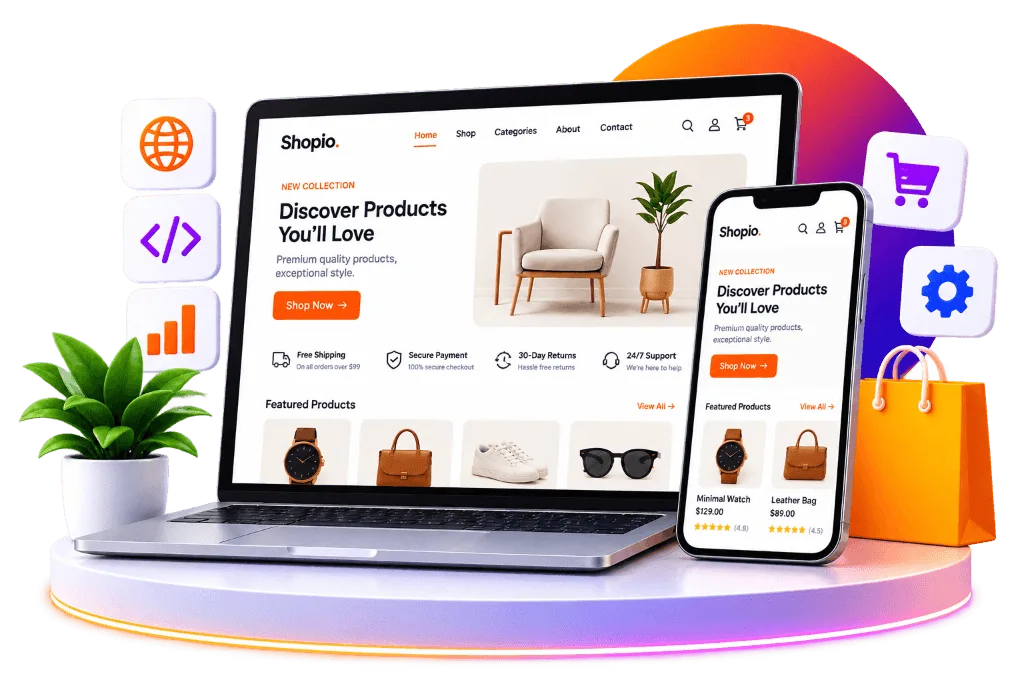 Shopio eCommerce website displayed on modern desktop laptop and mobile device