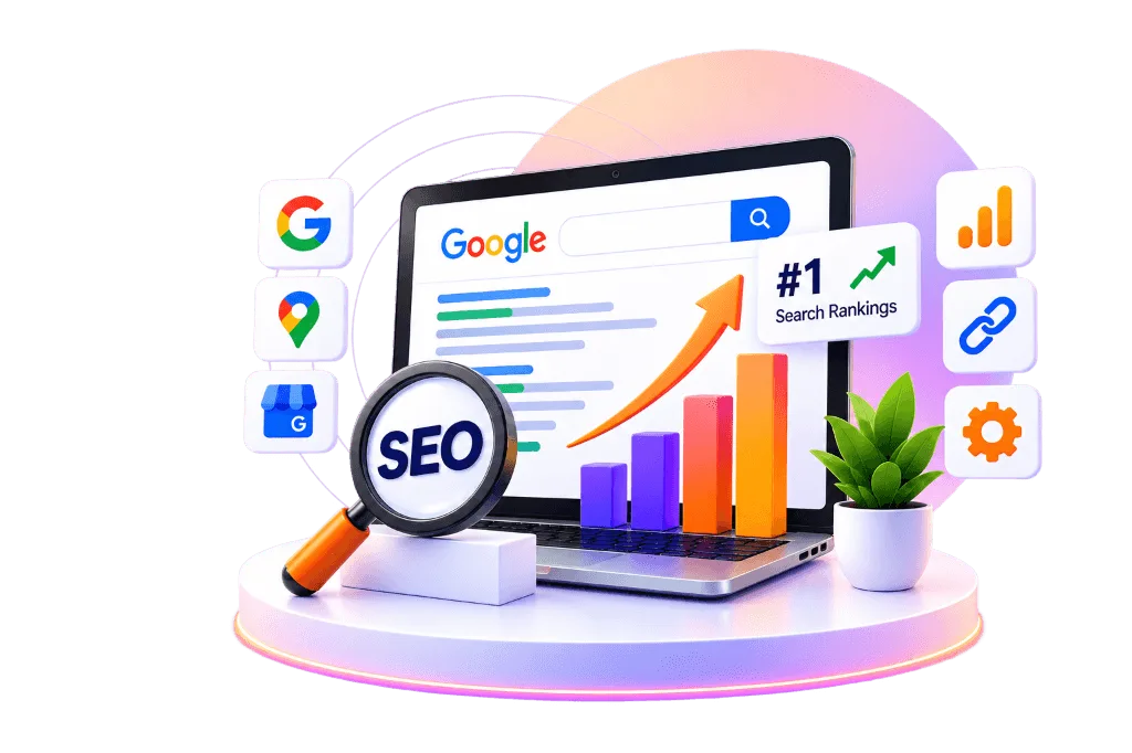 Search Engine Optimization analytics dashboard and search ranking graph