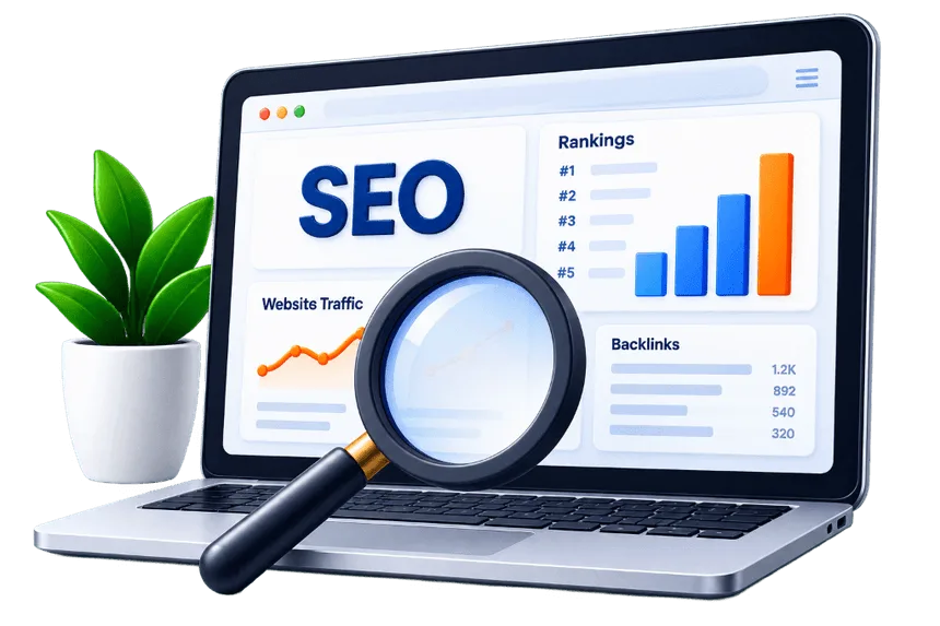 SEO Audit and Custom Strategy laptop with ranking charts and magnifying glass