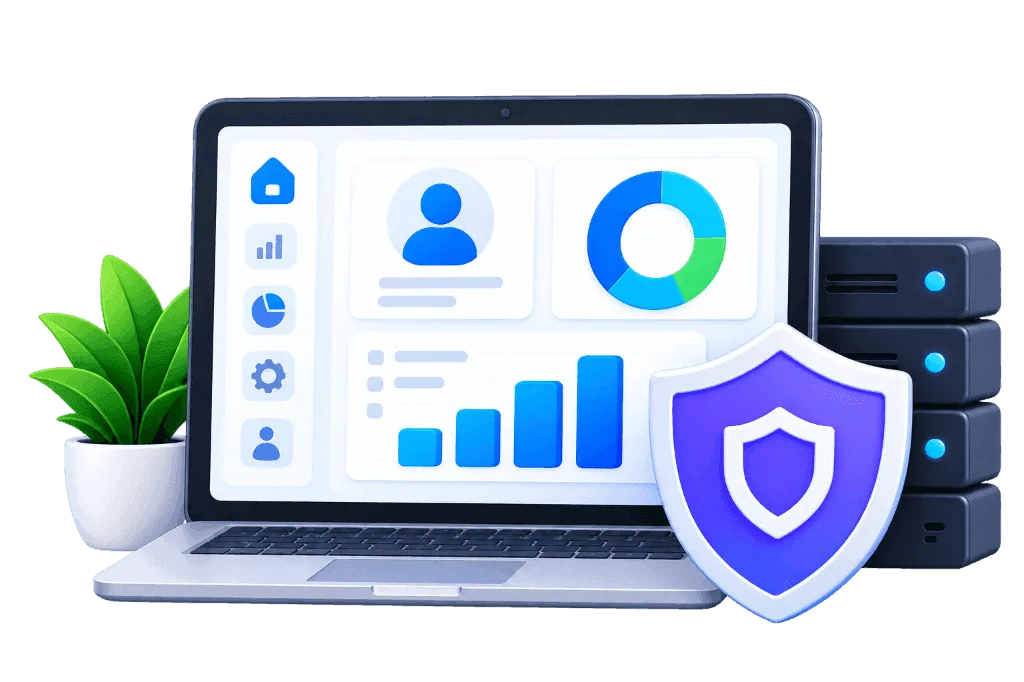 Enterprise Software laptop with servers and security shield