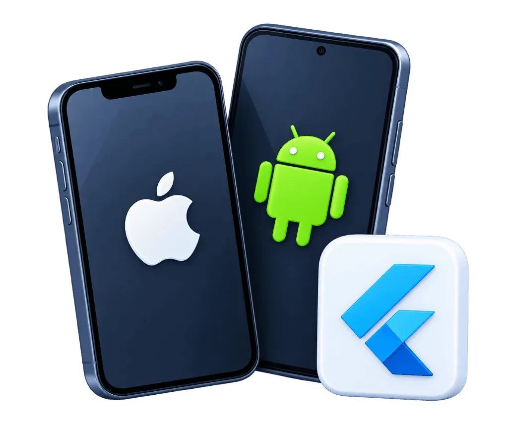 Mobile app developers Apple and Android smartphones with Flutter badge