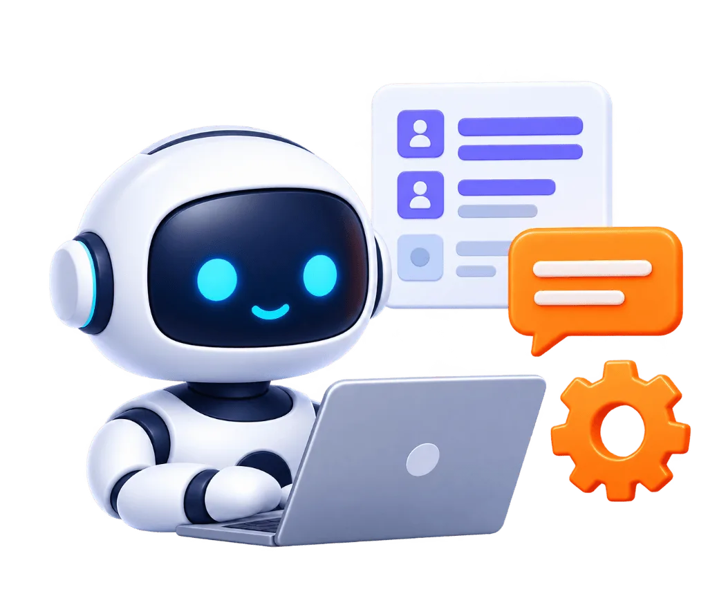 AI Sales Agent 3D robot on laptop with live chat and gear