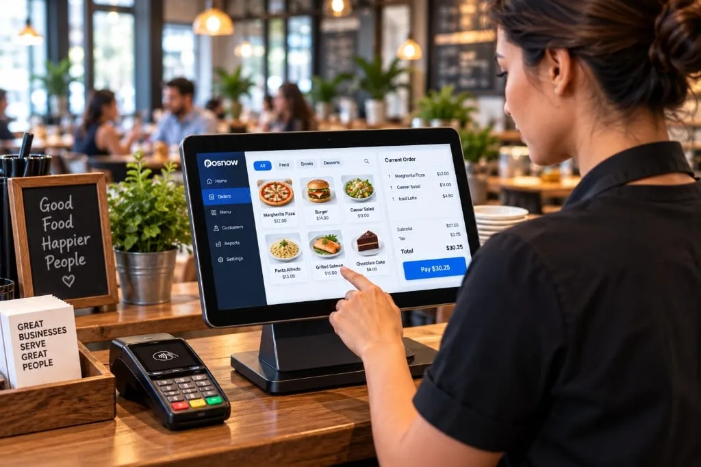 Restaurant staff using touch POS register counter system