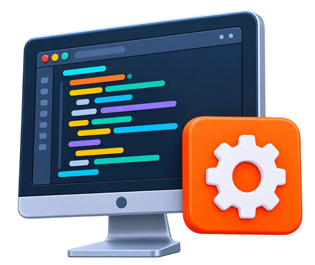 Software developers monitor with code lines and orange gear