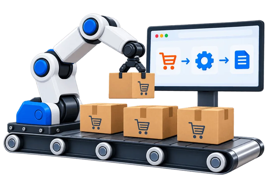 eCommerce automation robotic arm with order packages and workflow screen