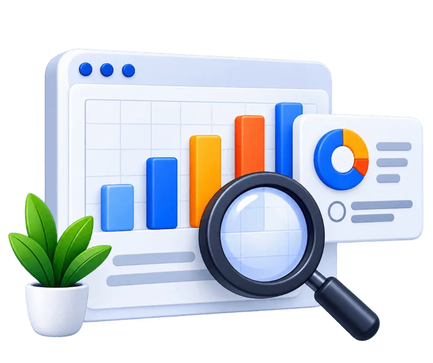 CRO Audit and conversion consulting dashboard with analytics and magnifying glass