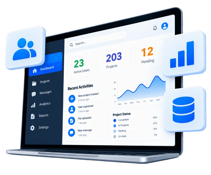 Web Portal Development dashboard with floating 3D statistics widgets