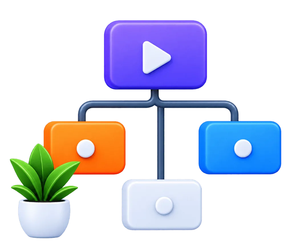 3D flowchart hierarchy nodes with play button and potted plants for Custom Workflow