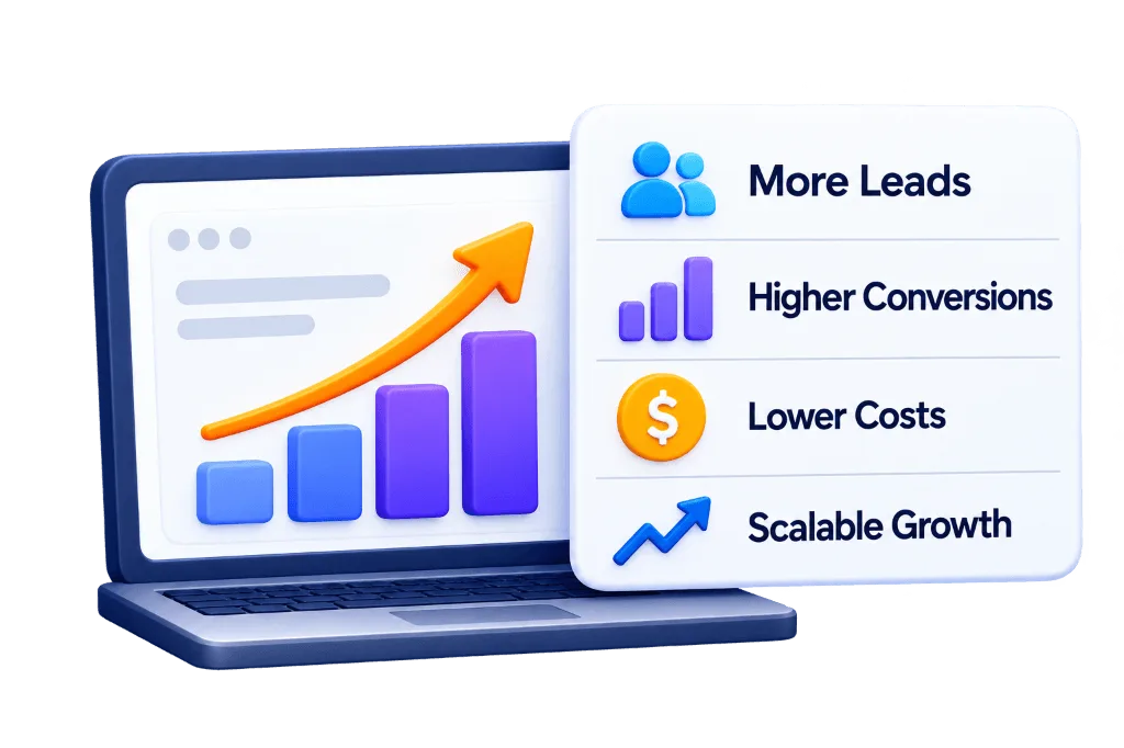 Measurable results laptop with growth chart and metric badges