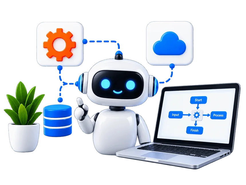 AI assistant robot with cloud database, flowchart and systems laptop