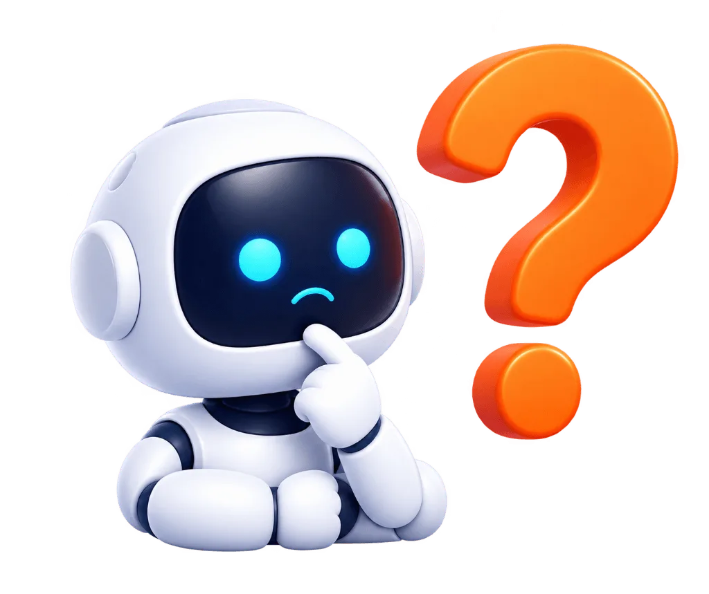 Unclear AI use cases with cute 3D robot looking at orange question mark