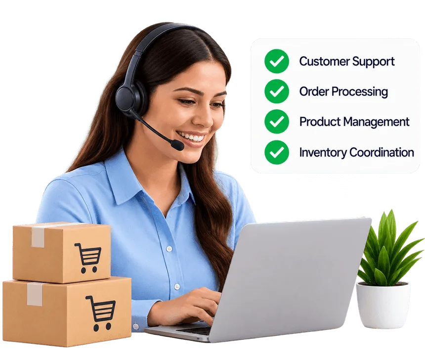 eCommerce support specialist with headset and order checklist