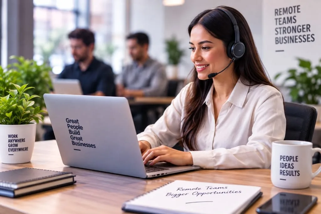 Customer support professional working on laptop with headset