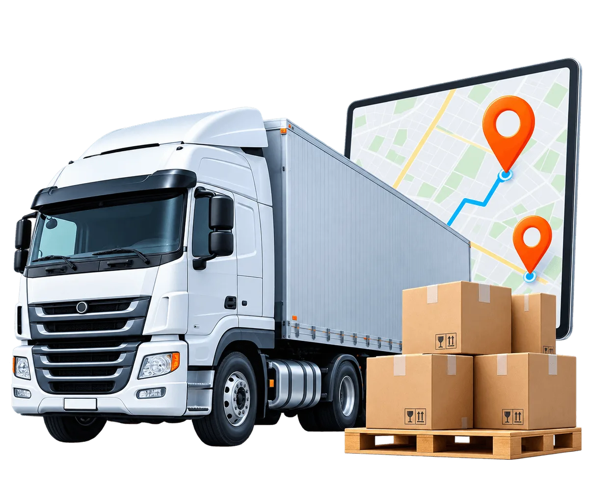 Logistics fleet truck with tracking map route on tablet