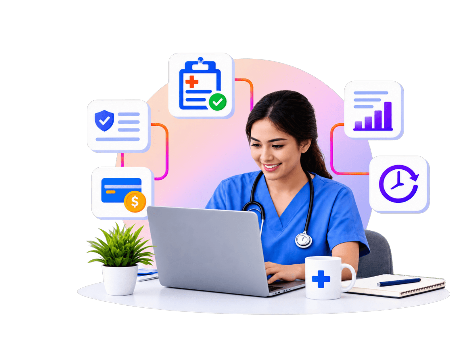 Certified medical billing specialist processing HIPAA-compliant claims on multi-monitor healthcare system