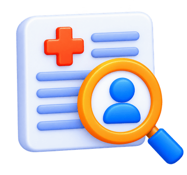 Right billing talent 3D illustration with medical file and magnifying glass