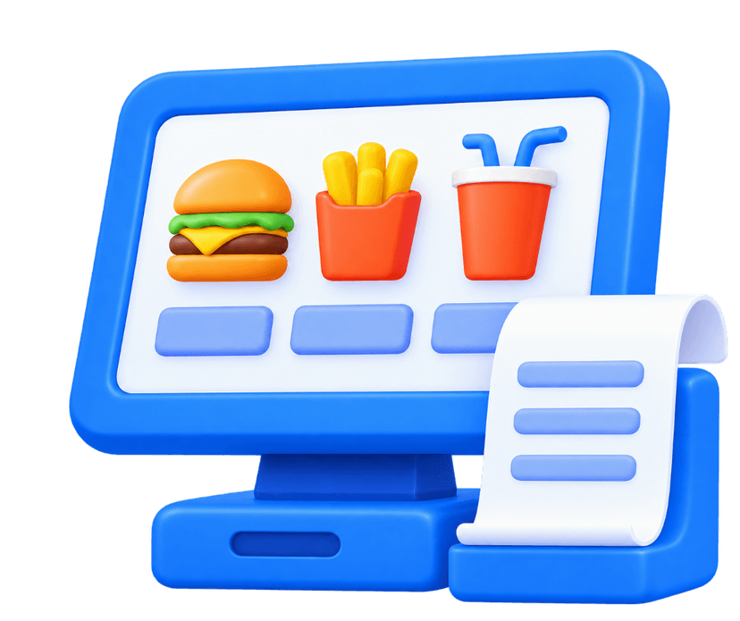 POS order entry staff 3D illustration with monitor, burger, fries, and receipt