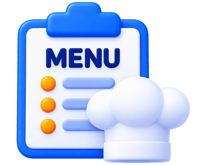 Restaurant-focused training 3D illustration with menu clipboard and chef hat