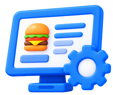 Workflow integration 3D illustration with restaurant ordering monitor and gear